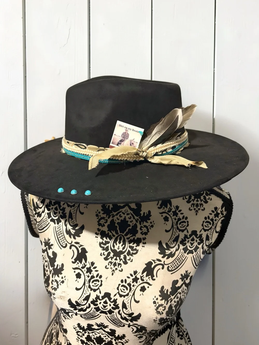Black Wide-Brim Felt Hat with Turquoise Accents and Feather